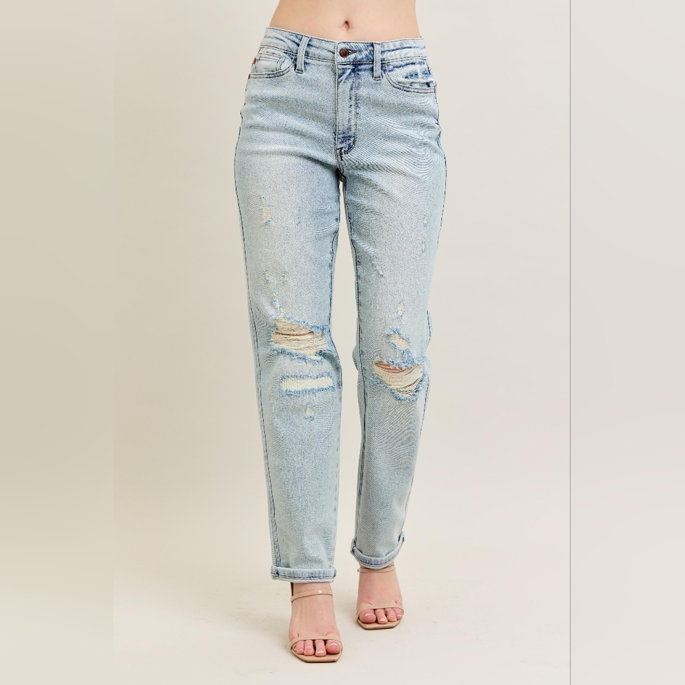 Judy Blue Mid-Rise Boyfriend Distressed Jeans Straight Leg Cuffed Denim Jeans